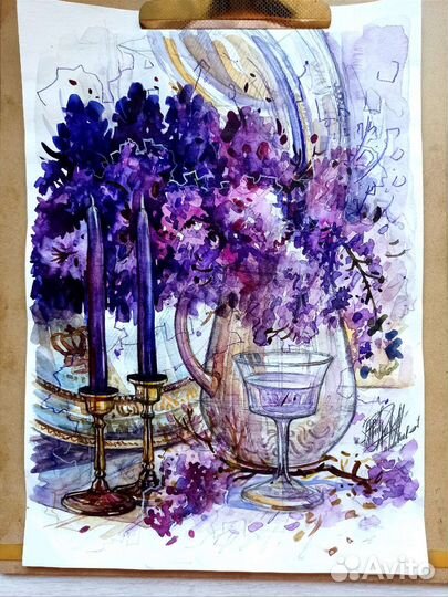 Картина, акварель, цветочная композиция, Сирень