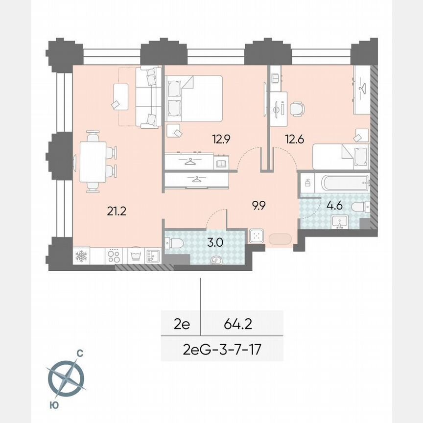 2-к. квартира, 64,2 м², 7/43 эт.