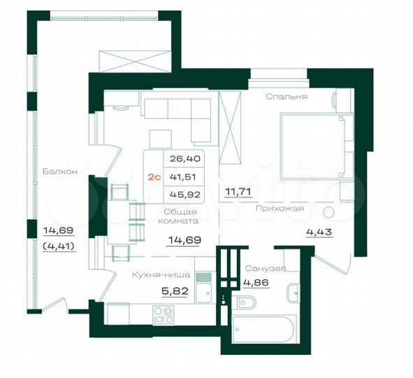 2-к. квартира, 45,9 м², 8/21 эт.