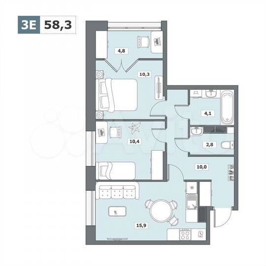 3-к. квартира, 58,3 м², 13/15 эт.