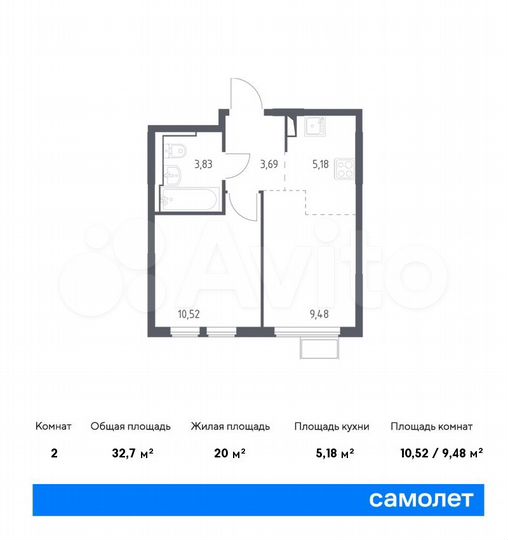 2-к. квартира, 32,7 м², 12/14 эт.