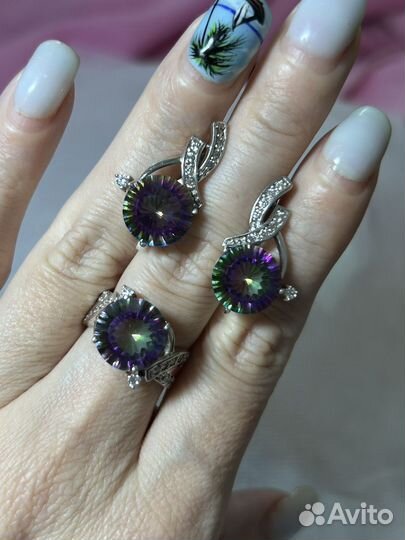Набор серьги и кольцо с натуральным топазом мистик