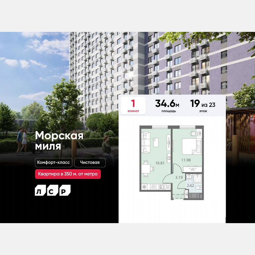 1-к. квартира, 34,6 м², 19/23 эт.