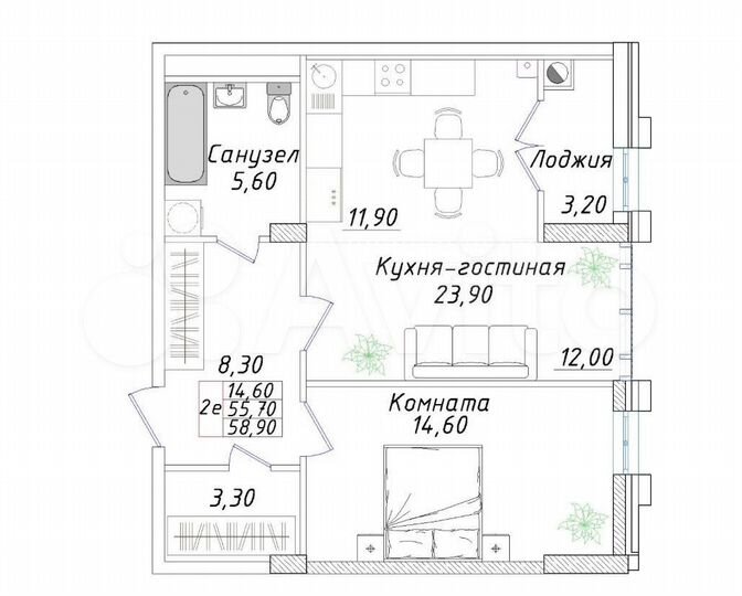 2-к. квартира, 58,9 м², 7/8 эт.