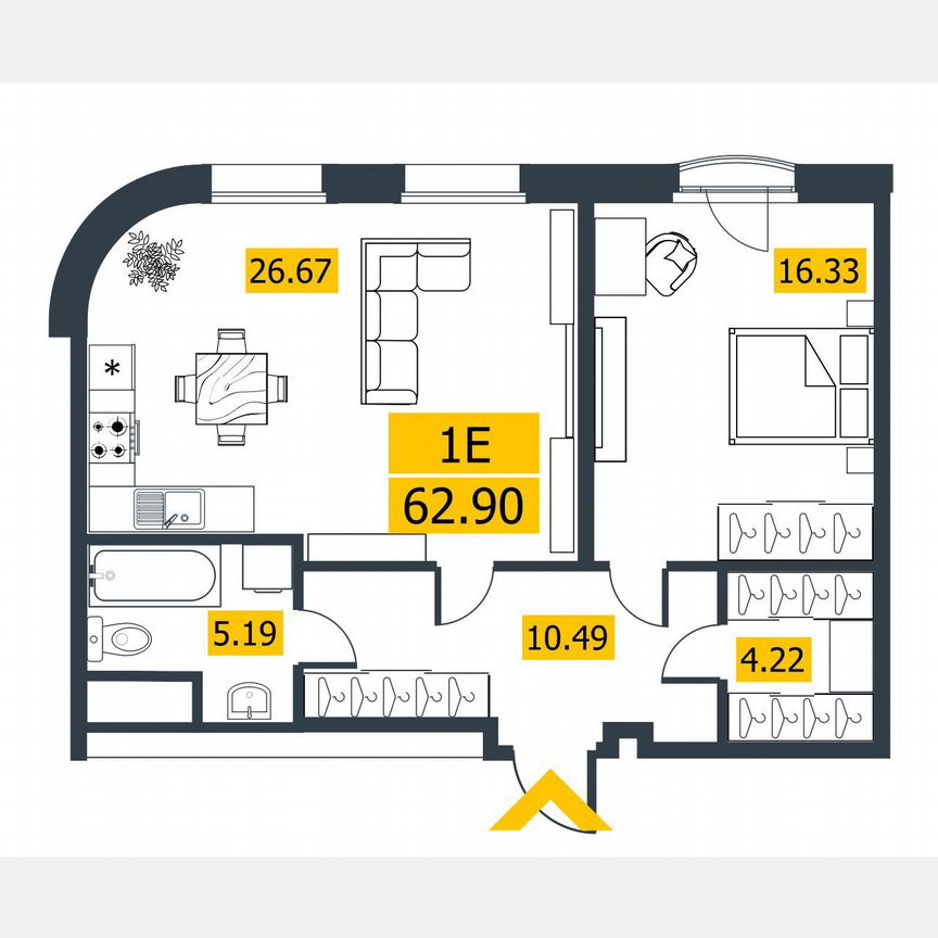 1-к. квартира, 63,3 м², 4/9 эт.