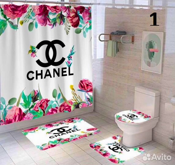 Шторка и коврики для ванной и туалета 4 предмета