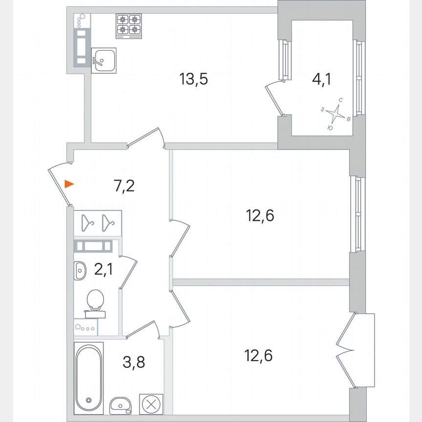 2-к. квартира, 53,9 м², 3/4 эт.