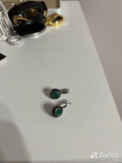 Серьги и кольцо серебро 925 с зеленым агатом