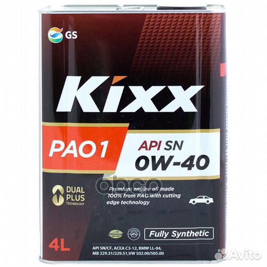 Масло моторное kixx PAO1 0W-40 CF/SN A3/B4/C3 с