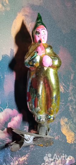 Елочные игрушки СССР на прищепке Клоун с дудочкой