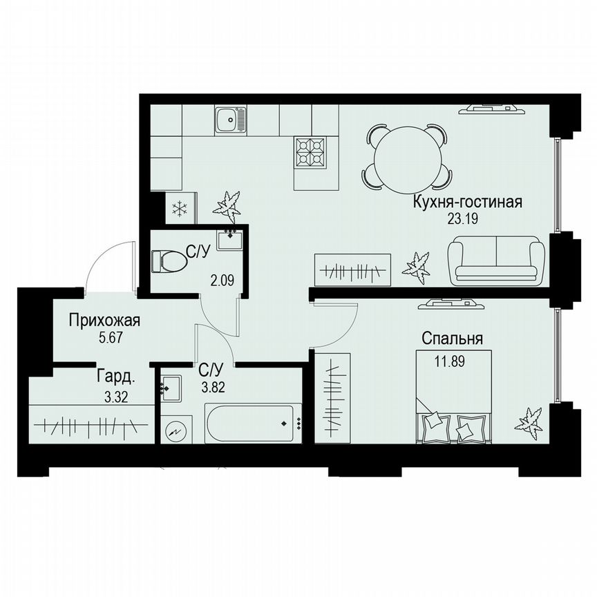 1-к. квартира, 50 м², 2/6 эт.