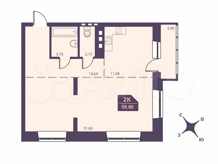 2-к. квартира, 59,8 м², 10/24 эт.