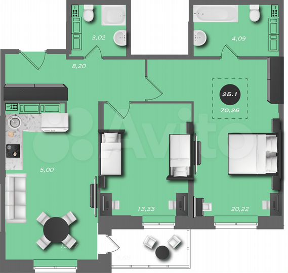 2-к. квартира, 70,3 м², 21/22 эт.