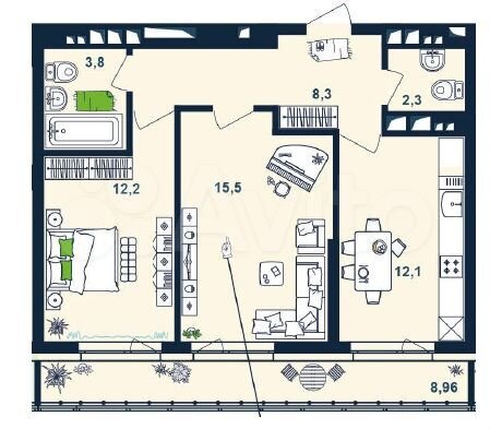 2-к. квартира, 58,7 м², 12/25 эт.