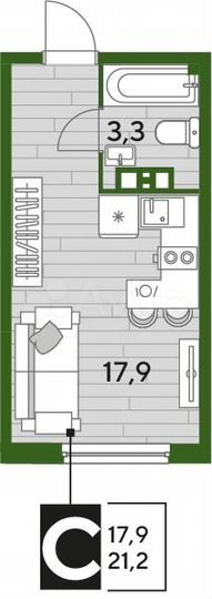 Квартира-студия, 21,2 м², 6/16 эт.