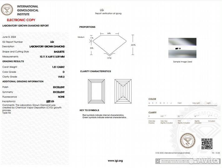 Бриллиант CVD в огранке багет 1.51 карат, IGI