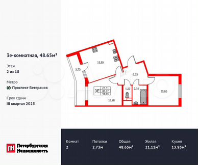 2-к. квартира, 48,7 м², 2/18 эт.