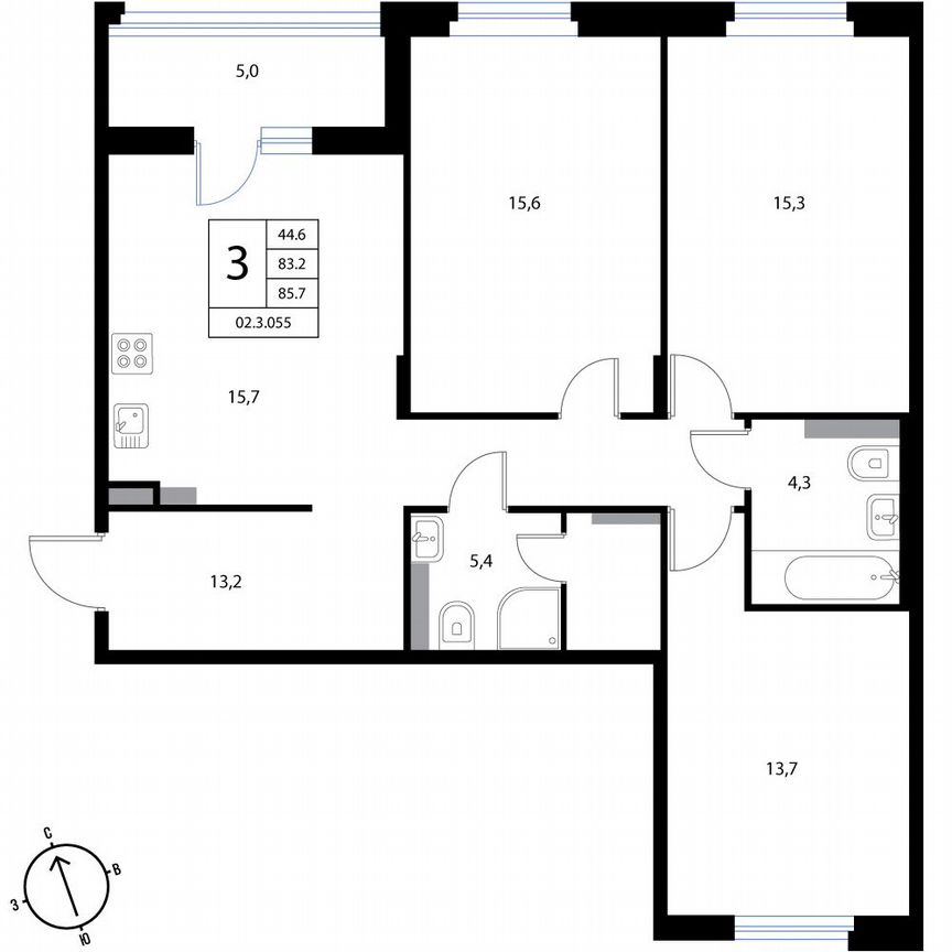 3-к. квартира, 85,7 м², 3/3 эт.