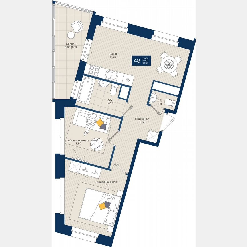 2-к. квартира, 50,1 м², 10/12 эт.