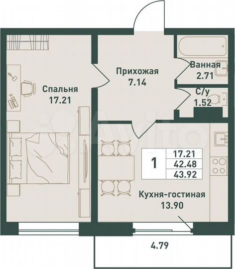 1-к. квартира, 45,5 м², 15/16 эт.
