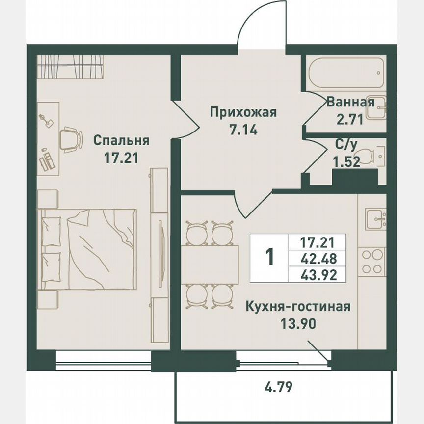 1-к. квартира, 45,5 м², 15/16 эт.