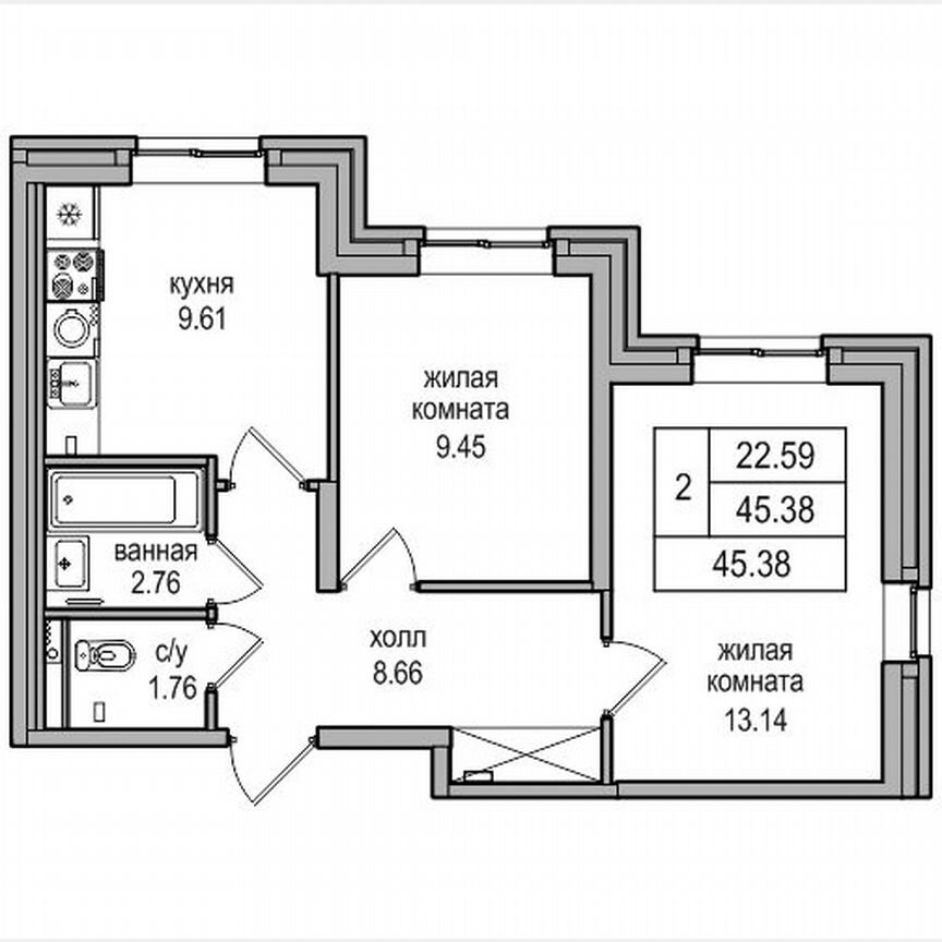 2-к. квартира, 46,1 м², 1/27 эт.