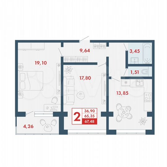 2-к. квартира, 67,5 м², 6/16 эт.