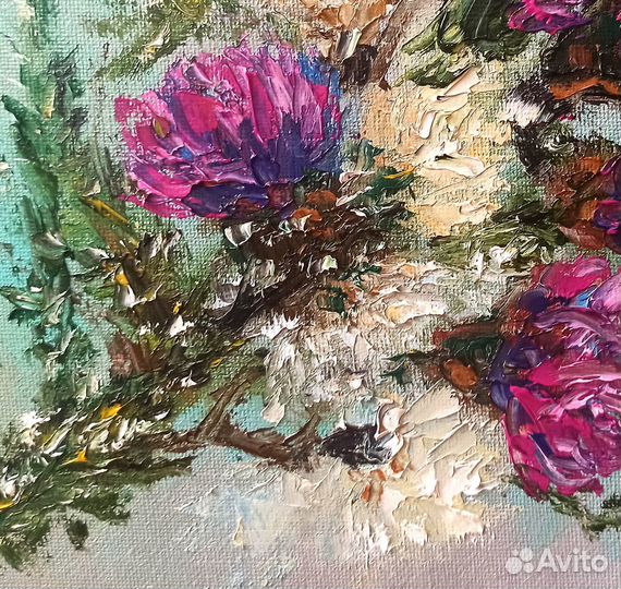 Картина маслом Чертополох Полевые цветы Пейзаж