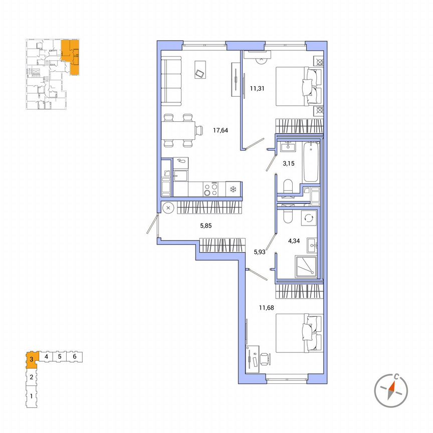 2-к. квартира, 59,9 м², 1/7 эт.