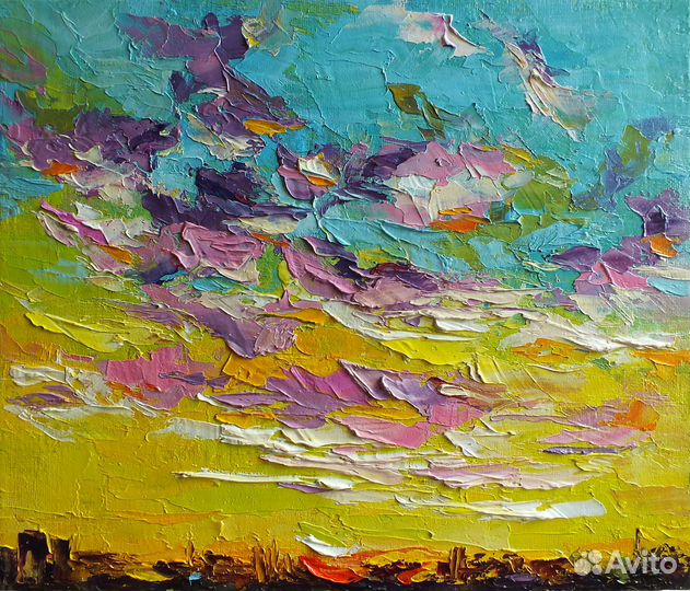 Картина маслом с закатом, небо, облака 25х30