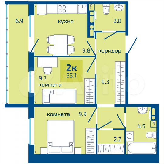 2-к. квартира, 55,1 м², 7/10 эт.