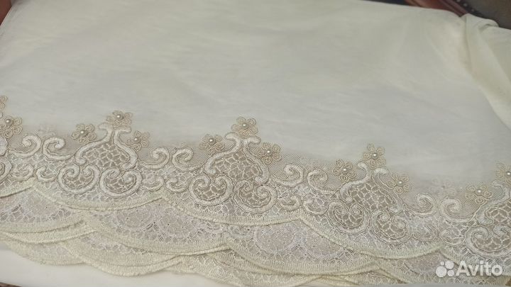Тюль сетка бархатный купон по низу вышивка жемчуг