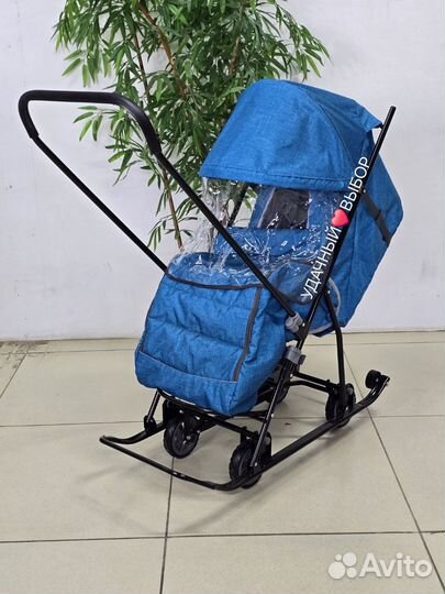 Санки-коляска Galaxy Снежинка (бирюзовый лен)