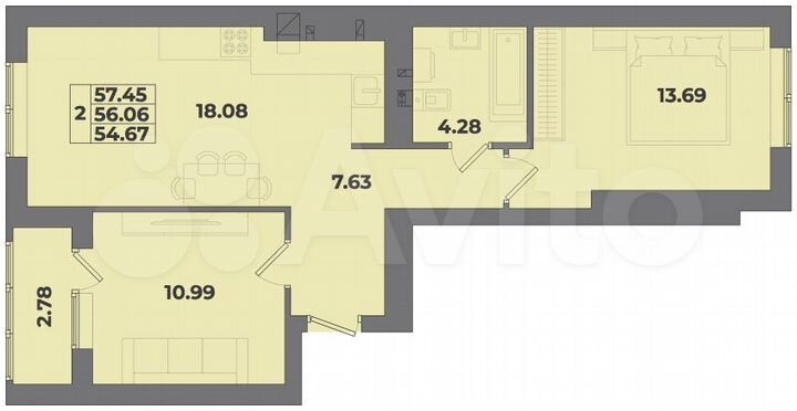 2-к. квартира, 57,5 м², 9/10 эт.