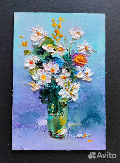 Маленькая картина маслом ромашки цветы полевые