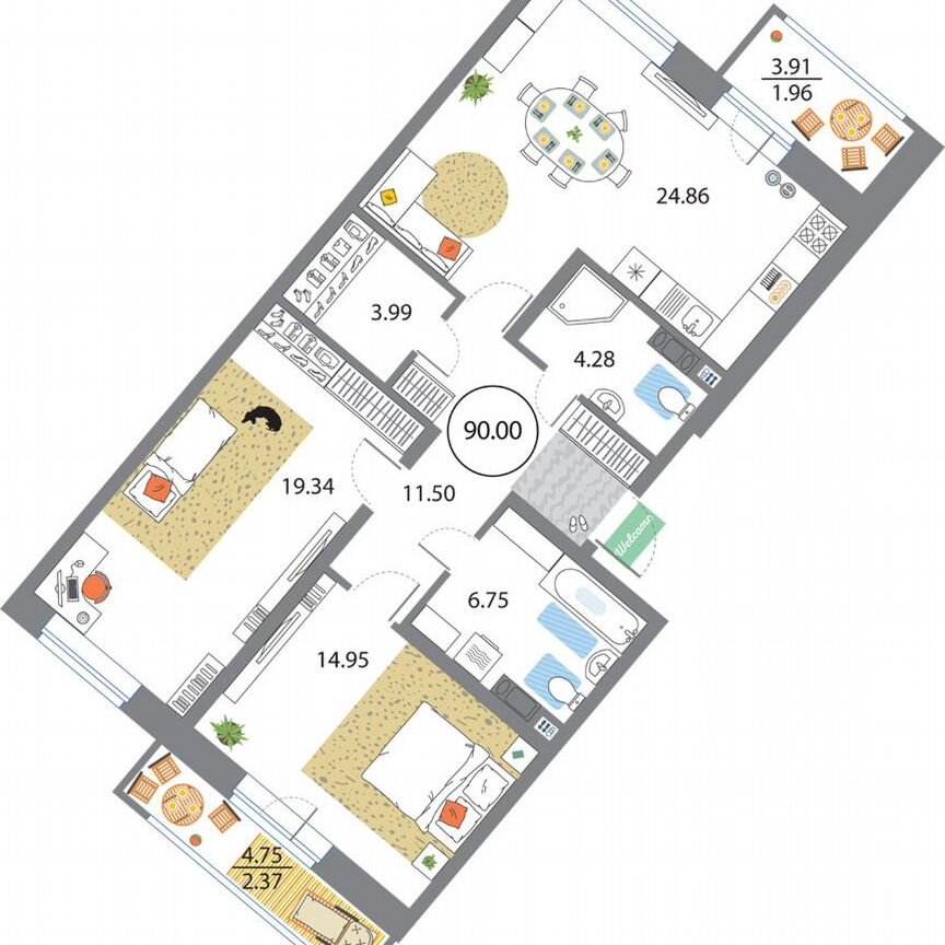 2-к. квартира, 90 м², 5/12 эт.