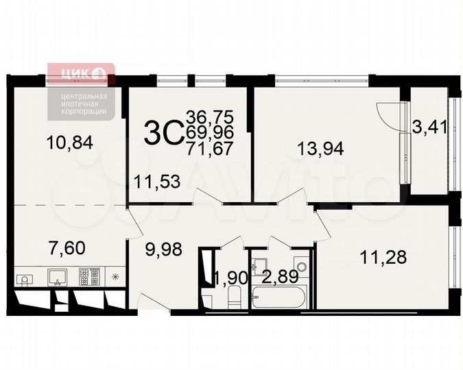 3-к. квартира, 72 м², 19/25 эт.
