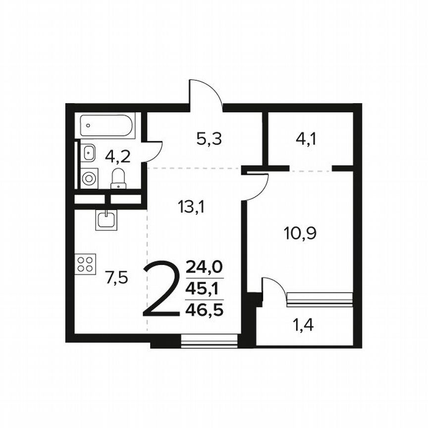 2-к. квартира, 46,5 м², 11/12 эт.
