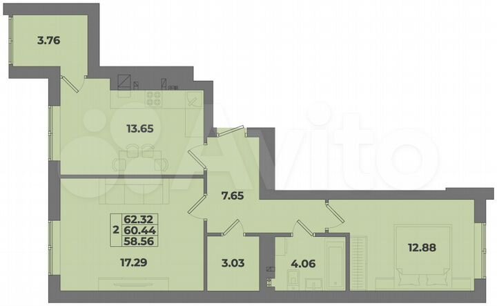 2-к. квартира, 62,3 м², 6/10 эт.