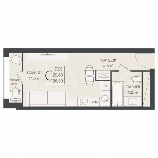 Квартира-студия, 26,9 м², 2/17 эт.