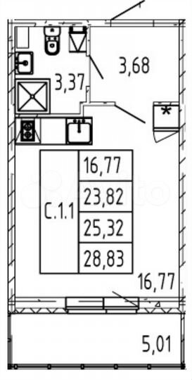 Квартира-студия, 28,7 м², 4/12 эт.