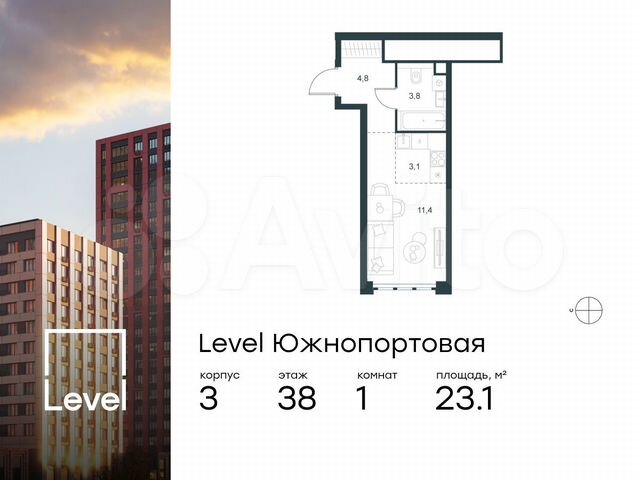 Квартира-студия, 23,1 м², 38/68 эт.