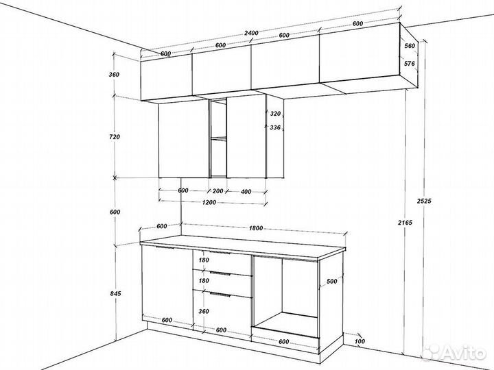 Кухня мдф+лдсп 2,4 м. Люкс-фурнитура, столешница