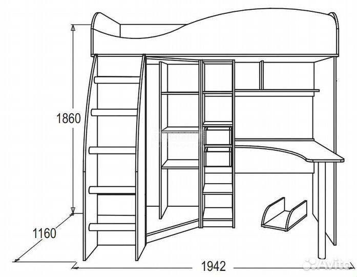 Кровать-чердак с рабочей зоной для школьника