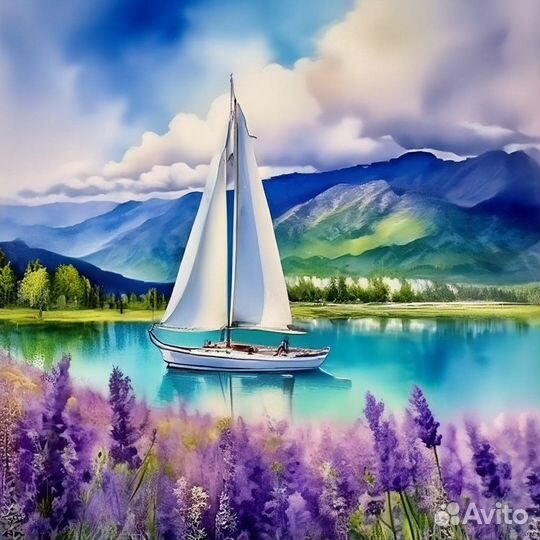 Картины акварель Парусная лодка на холсте 50х50 см