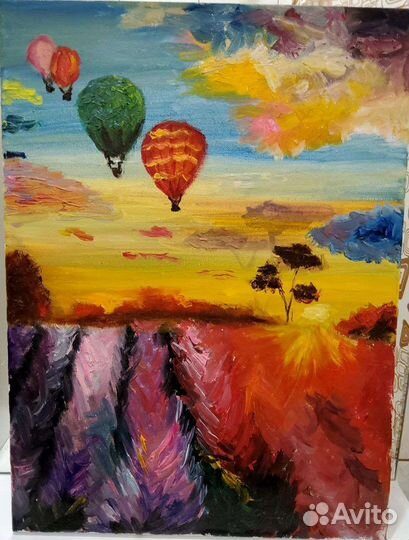 Картина маслом на холсте: пейзаж заката в поле