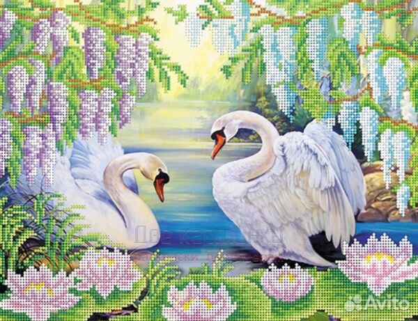 Алмазная мозаика 40x50 Лебеди под цветущими