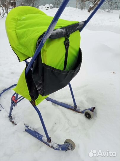 Детские санки коляска бу с колёсиками сзади