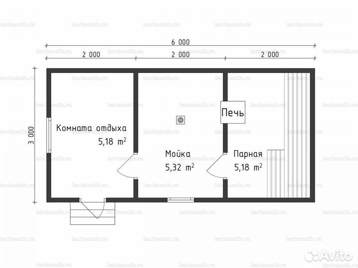 Одноэтажная каркасная баня 3х6