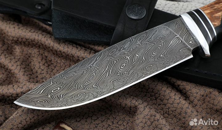 Нож Нептун сталь дамаск торцевой, рукоять карельск